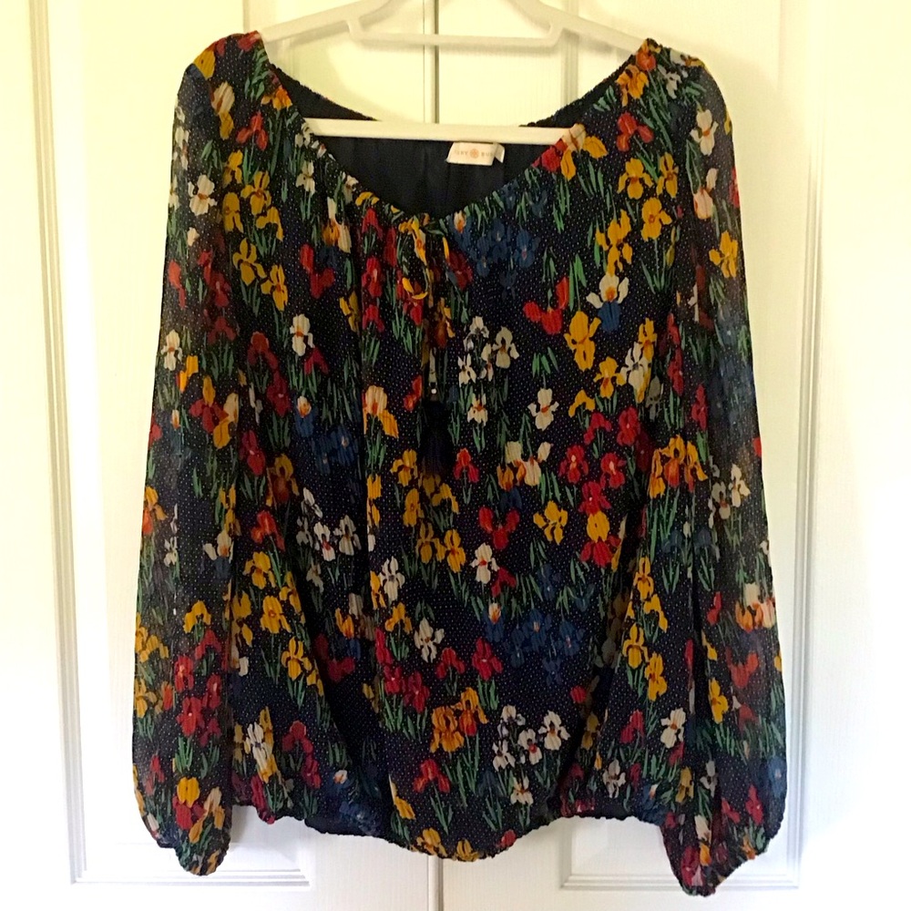 Tory Burch navy polka dot floral blouse L